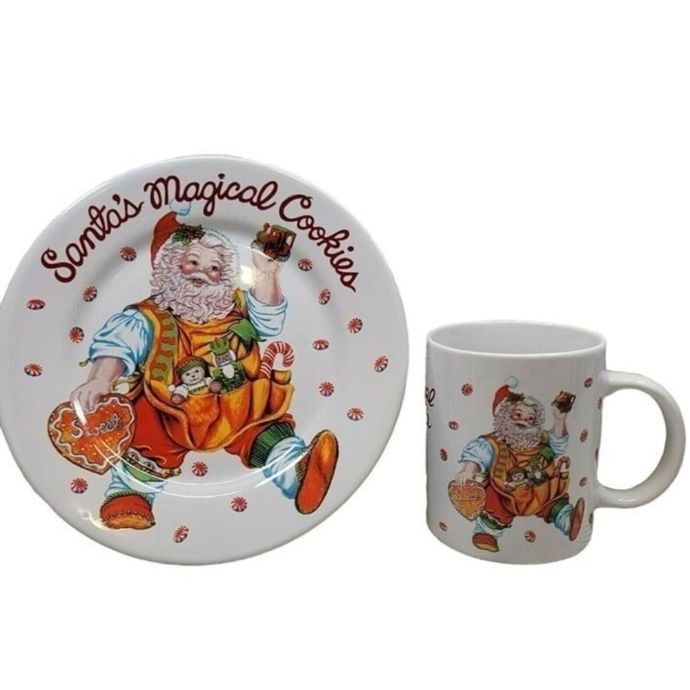 Christmas Santas Magical Cookies Plate and Cup Set Sakura Stoneware Dishware Vtg